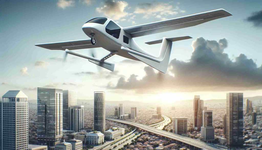 A realistic, high-definition rendering of an innovative concept in urban air mobility. A generic electric vertical takeoff and landing (eVTOL) aircraft, similar in function and design to those produced by contemporary air mobility companies, is seen in flight. The aircraft glides above a modern cityscape, exhibiting how such technology could dramatically reshape urban transportation.